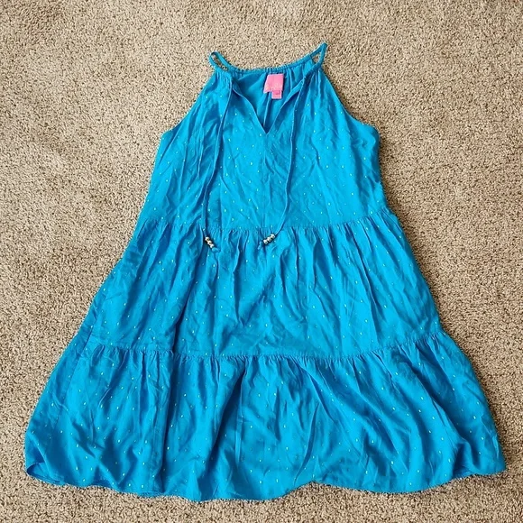 Lilly Pulitzer Litia Swing Dress - Turquoise with Metallic Gold Dots